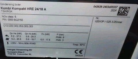 Intergas Hre 24/18 A 25.03.2025 geplaatst-bon aanwezig🔥ZGAN, Ophalen, 30 tot 80 cm, Cv-ketel of Combi-ketel, Minder dan 60 cm