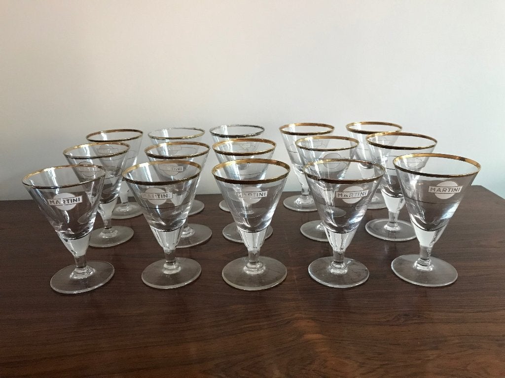 15 Oude Martini glazen op voet voetglazen wit goud, Ophalen of Verzenden, Gebruikt, Overige typen