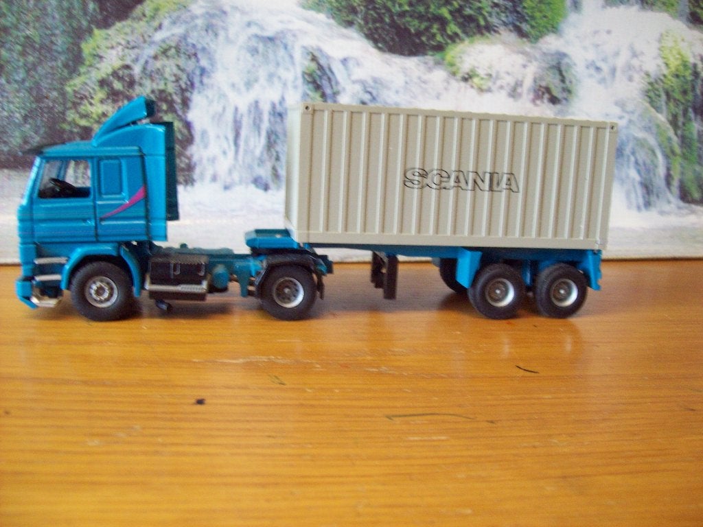 Tekno - Scania 143 M - containertrailer met container, Hobby en Vrije tijd, Modelauto's | 1:50, Ophalen of Verzenden, Gebruikt