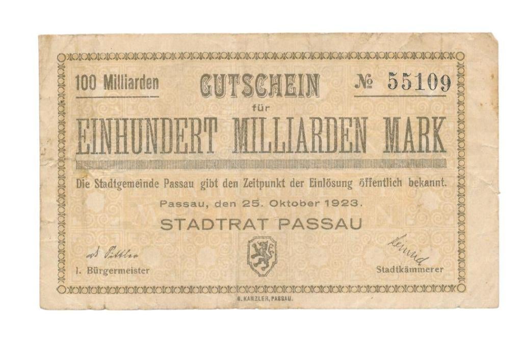 Passau (Duitsland) 100 miljard Mark 1923 Gutschein, Postzegels en Munten, Bankbiljetten | Europa | Niet-Eurobiljetten, Ophalen of Verzenden
