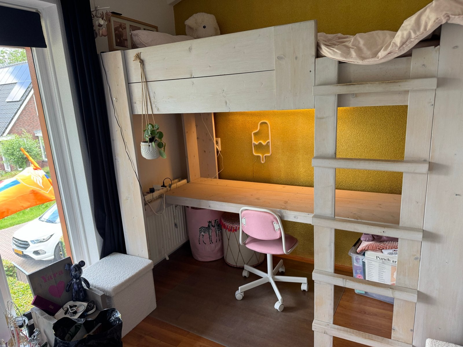Mooie steigerhoute Hoogslaper met bureau+matras!, Ophalen, Eenpersoons, Minder dan 160 cm, Zo goed als nieuw