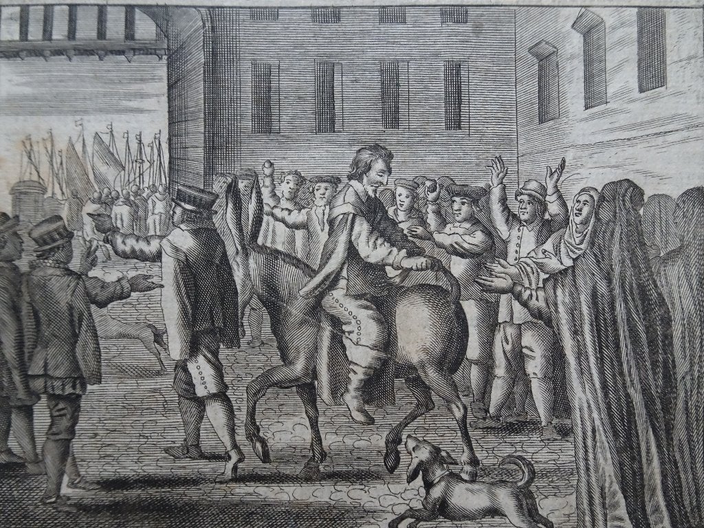 gravure man achterste voren op ezel bespot Dordt 17e eeuw, Antiek en Kunst, Dagelijks leven, Ophalen of Verzenden, Gravure, Origineel