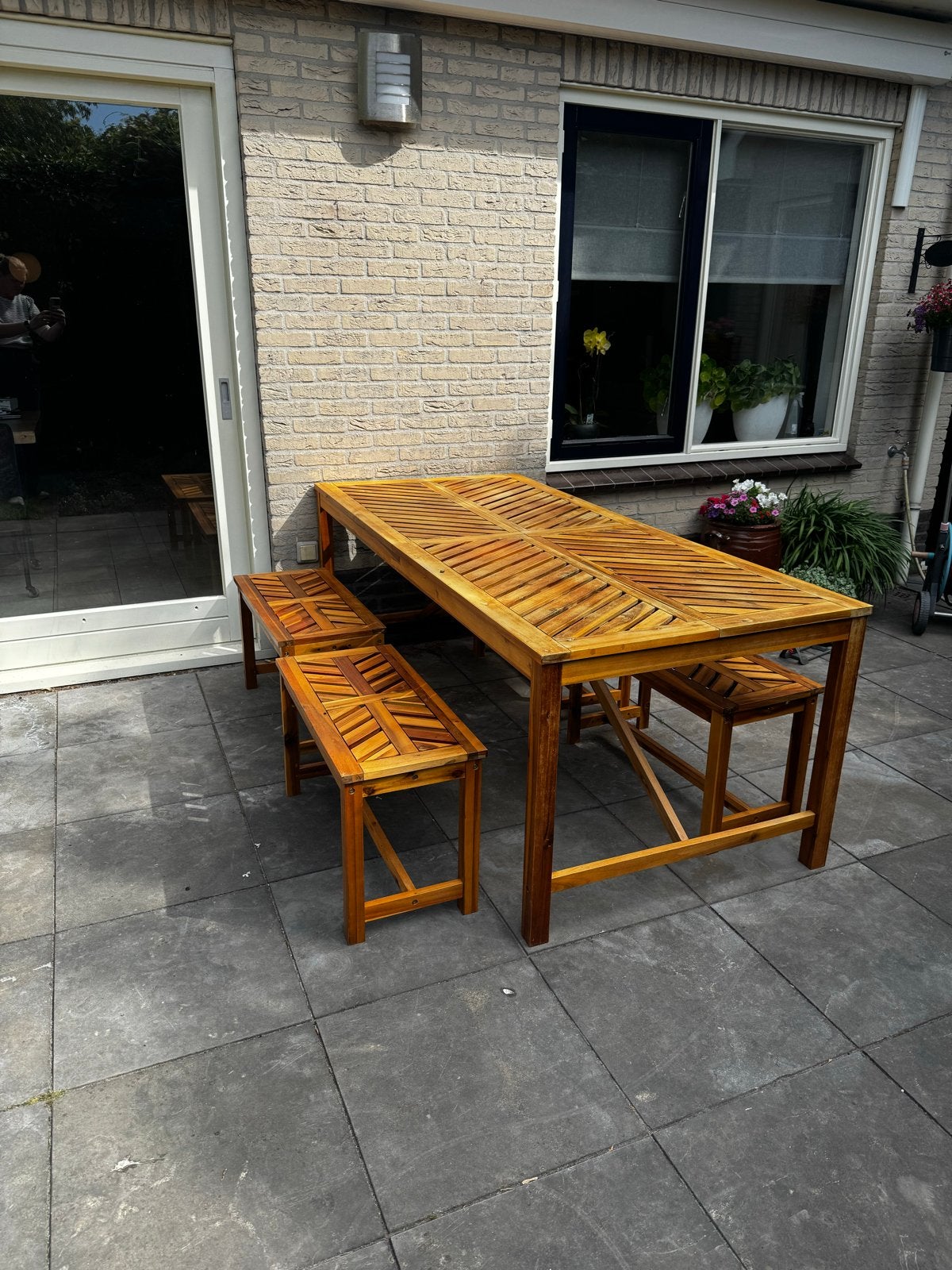 Houten tuinset met tafel en 4 bankjes - 90x200cm, Ophalen, 4 zitplaatsen, Gebruikt, Eettafel