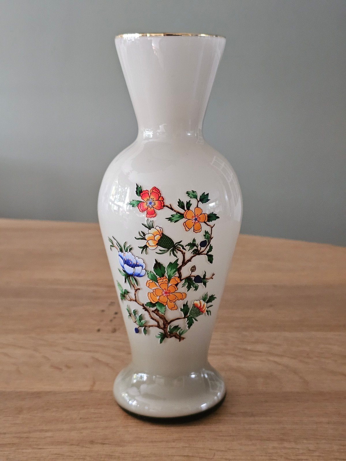 Vintage opaline / satijnglas vaas met bloemendecor, Antiek en Kunst, Ophalen of Verzenden