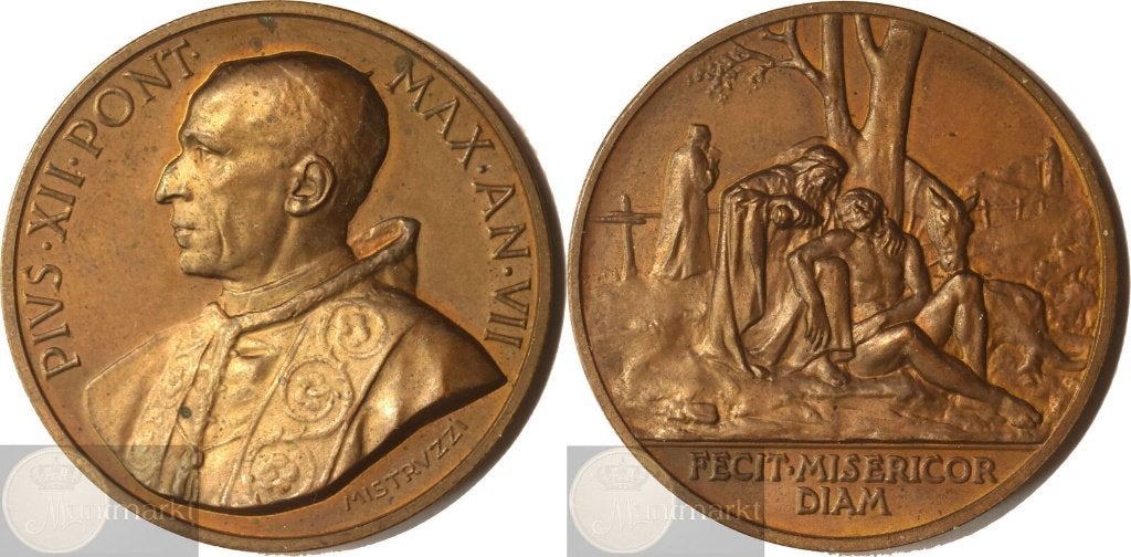 Vaticaanstad - Historiepenning 1945 'VII Paus Pius XII', Ophalen of Verzenden, Brons, Buitenland