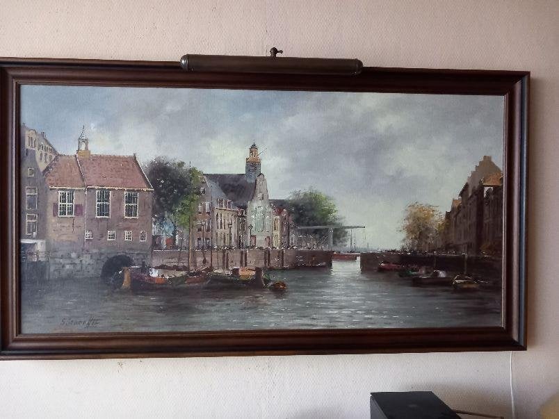 Gezicht op Delfshaven, mooi groot werk van Siem Schaeffer, Antiek en Kunst, Ophalen of Verzenden