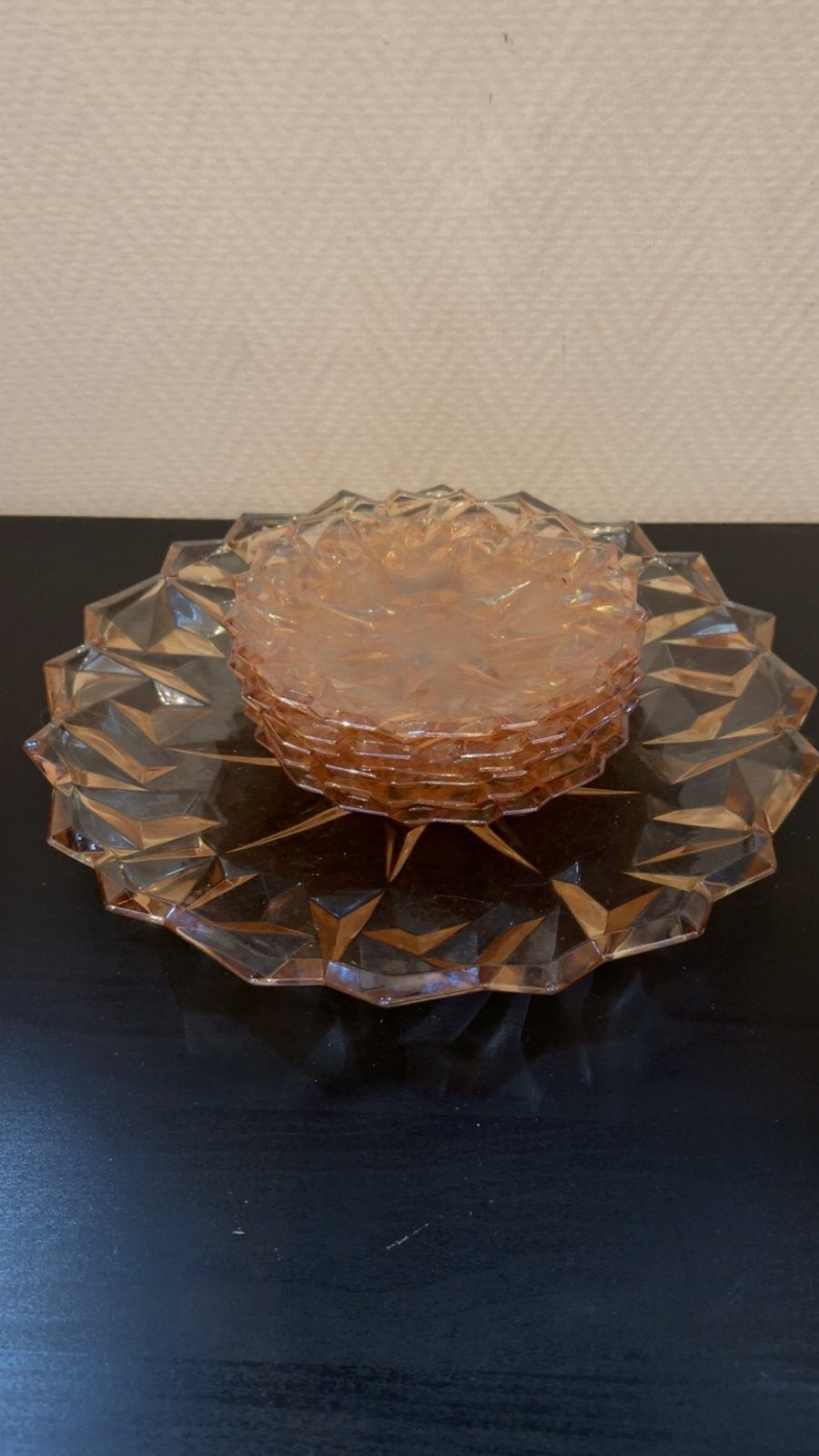 Vintage Roze Glazen Onderzetters Set met Schaal, Antiek en Kunst, Ophalen of Verzenden