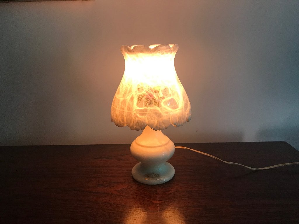 Pegasan Albast natuursteen tafellamp lamp  lila bloemen, Ophalen of Verzenden