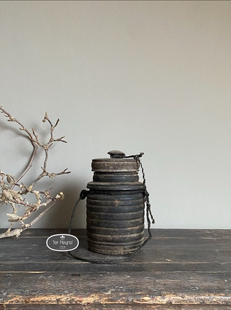 Oude houten kruik met deksel pot hout stoer sober landelijk, Verzenden, Handgemaakt, Overige vormen, Hout