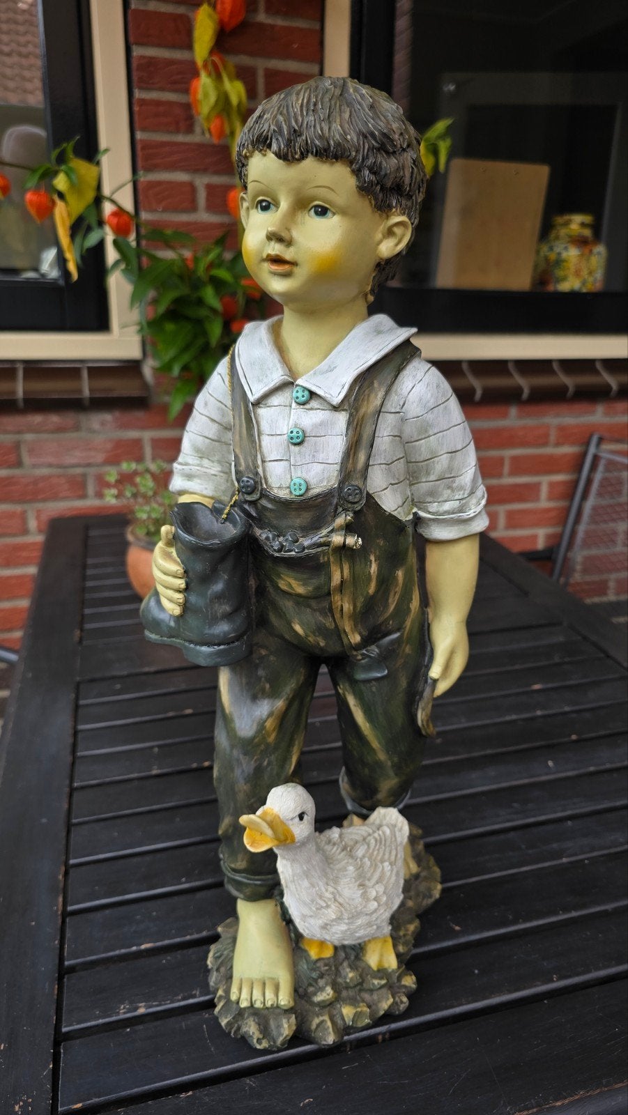 Jongen met eend beeld - 50cm polyresin kunsthars, Ophalen, Weerbestendig, Kunststof, 50 - 100 cm