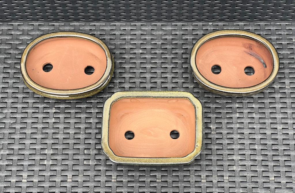 Bonsai schalen set van drie nieuw groen tinten geglazuurd., Nieuw, Ophalen of Verzenden, Overige vormen, Aardewerk