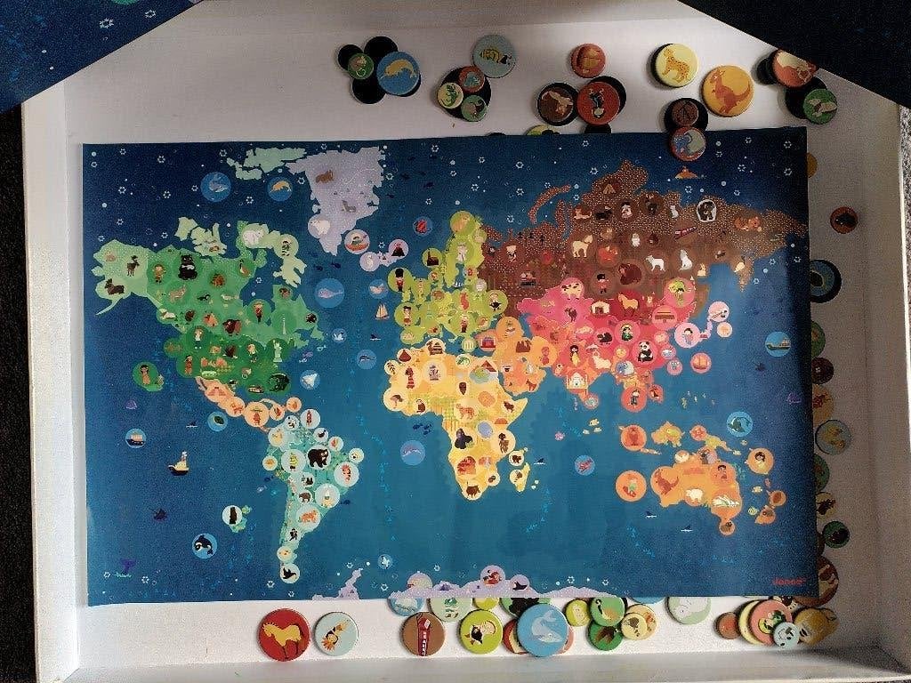 Janod wereldkaart-puzzel magnetisch, Ophalen, Meer dan 50 stukjes, Zo goed als nieuw, 6 jaar of ouder
