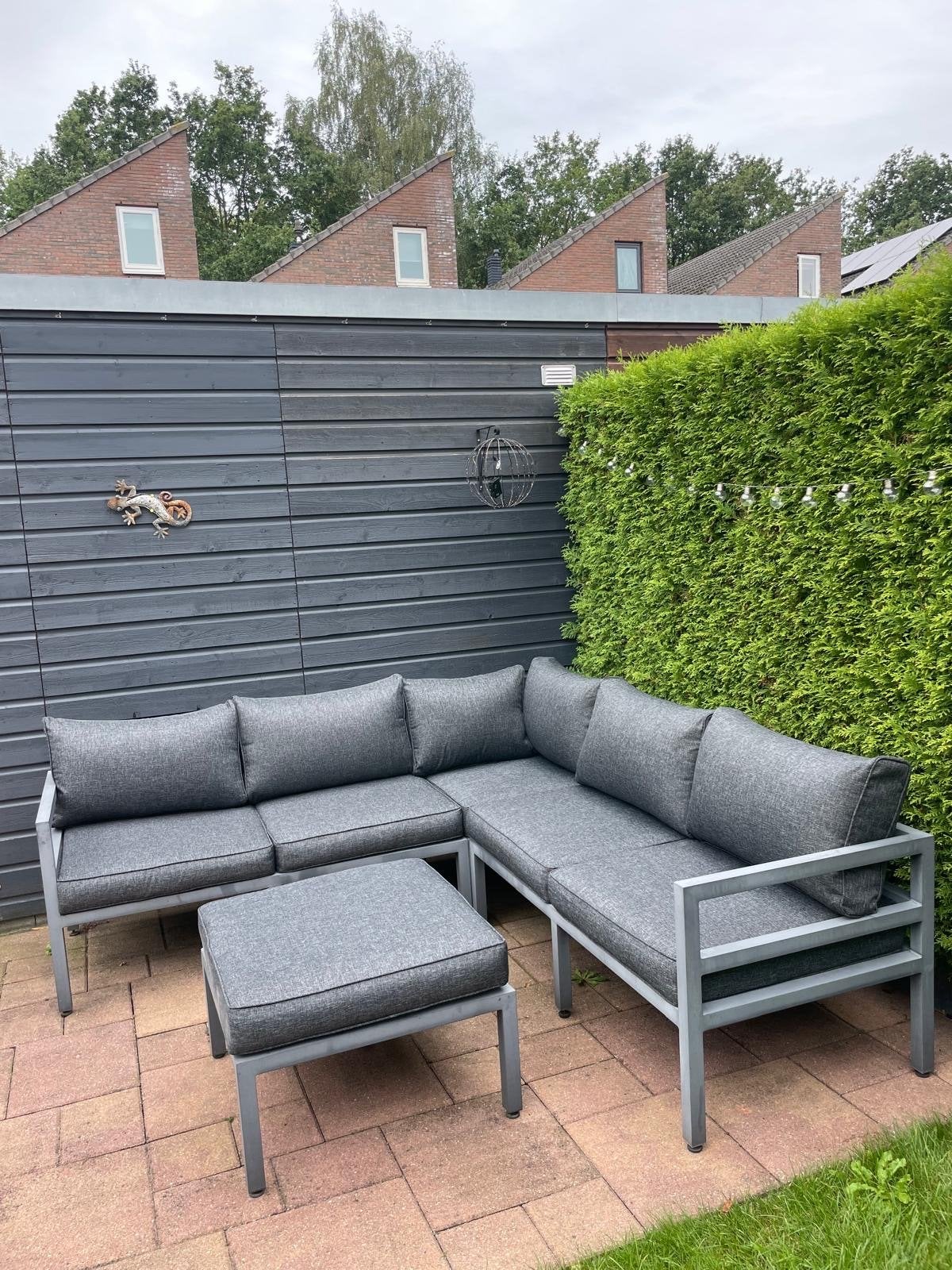 Mooie loungeset met hocker/tafel en dienblad, Tuin en Terras, Ophalen, 5 zitplaatsen, Gebruikt, Aluminium