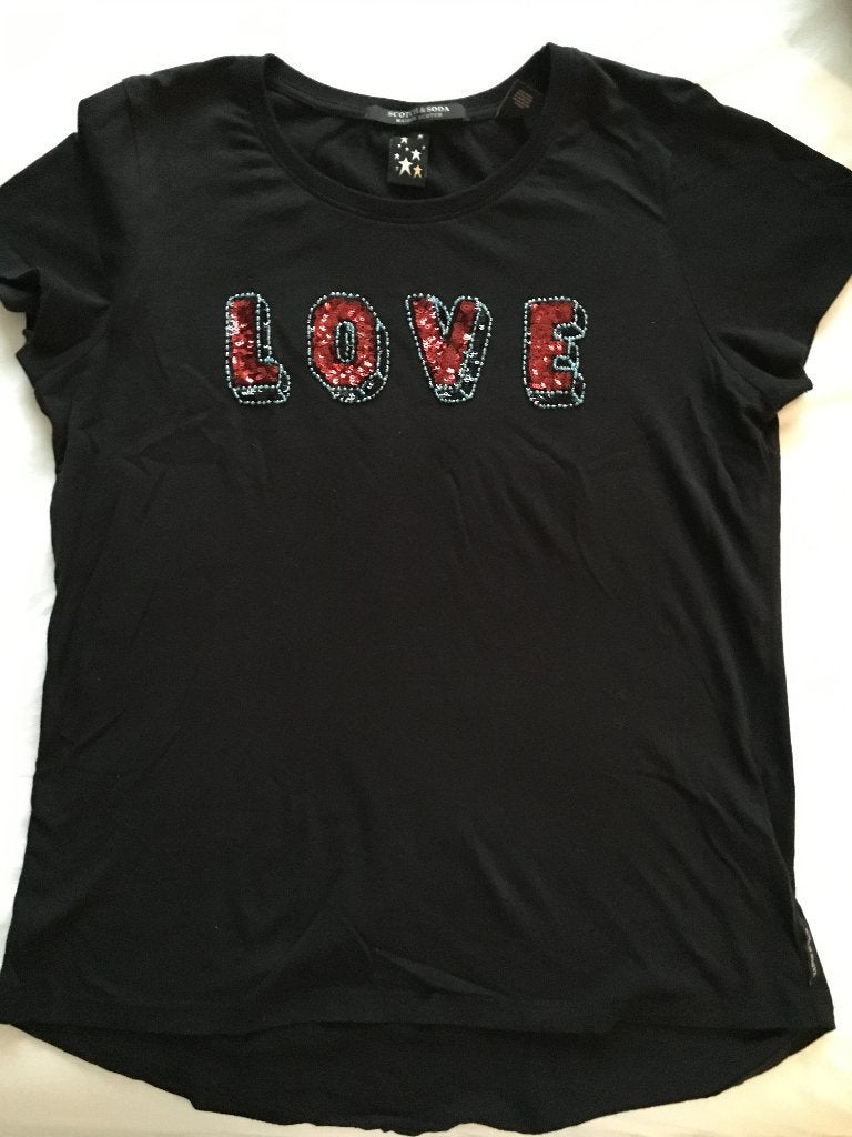 Scotch & Soda T-shirt met pailletten 'LOVE' opdruk, Kleding | Dames, Zwart, Scotch & Soda, Ophalen of Verzenden, Zo goed als nieuw