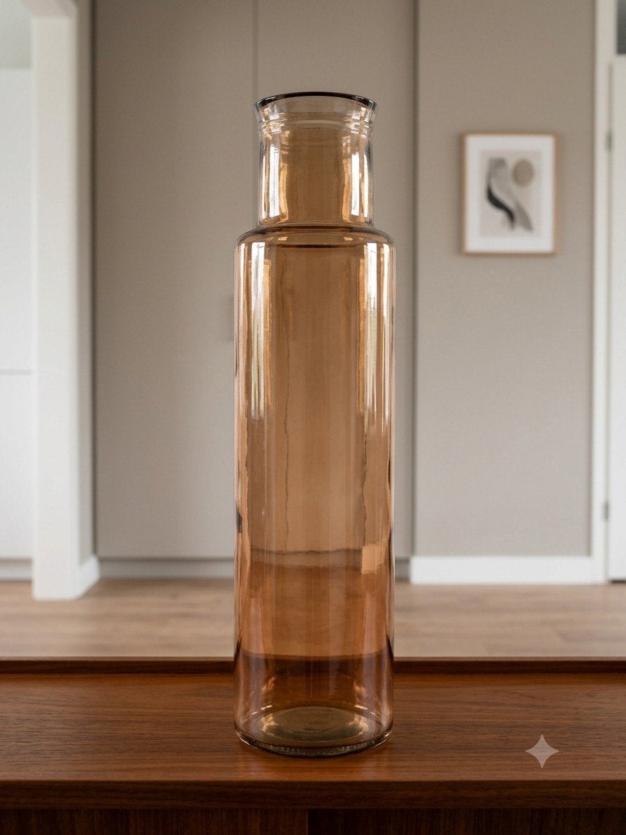 Grote glazen vaas/fles, amberkleurig, 55 cm hoog, Huis en Inrichting, Woonaccessoires | Vazen, Ophalen