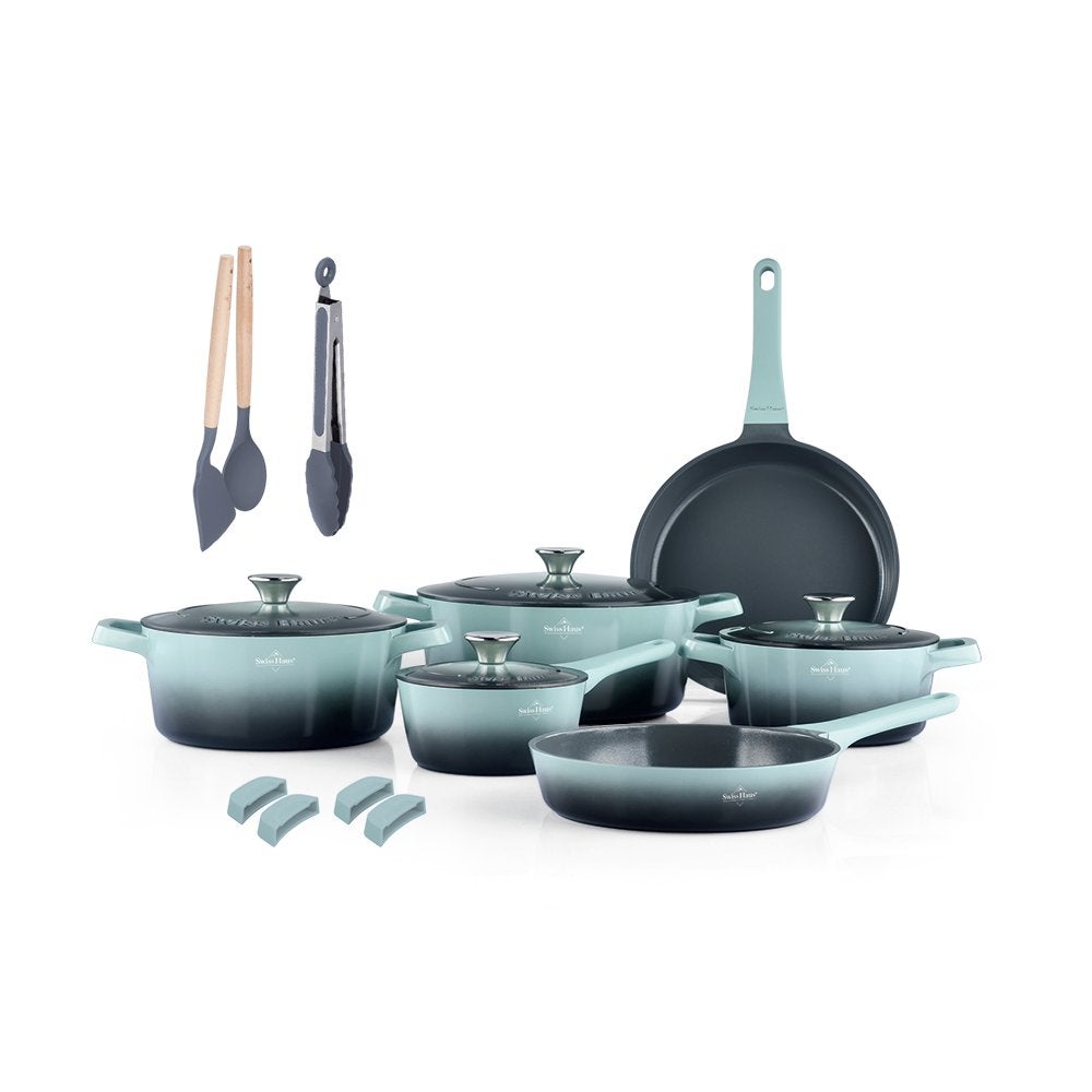 Pannenset keramische coating PFAS vrij Creuset Look mint, Verzenden, Met handvatten, Pannenset, Nieuw