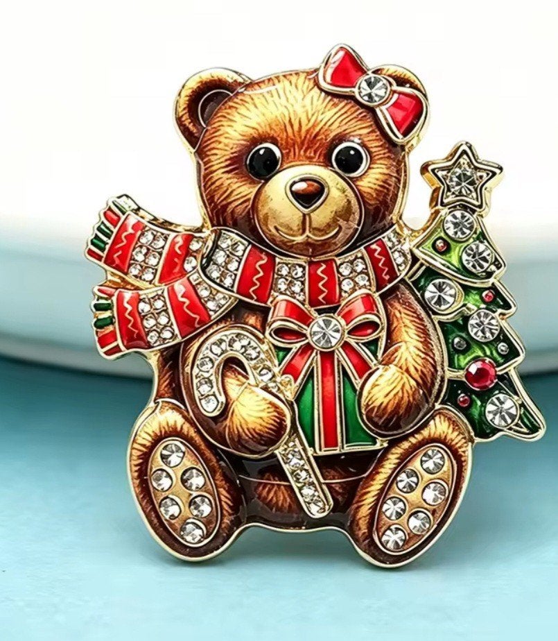 Nieuwe Kerst Teddybeer Broche met Strass, Ophalen, Overige materialen, 4 tot 7 cm, Bruin