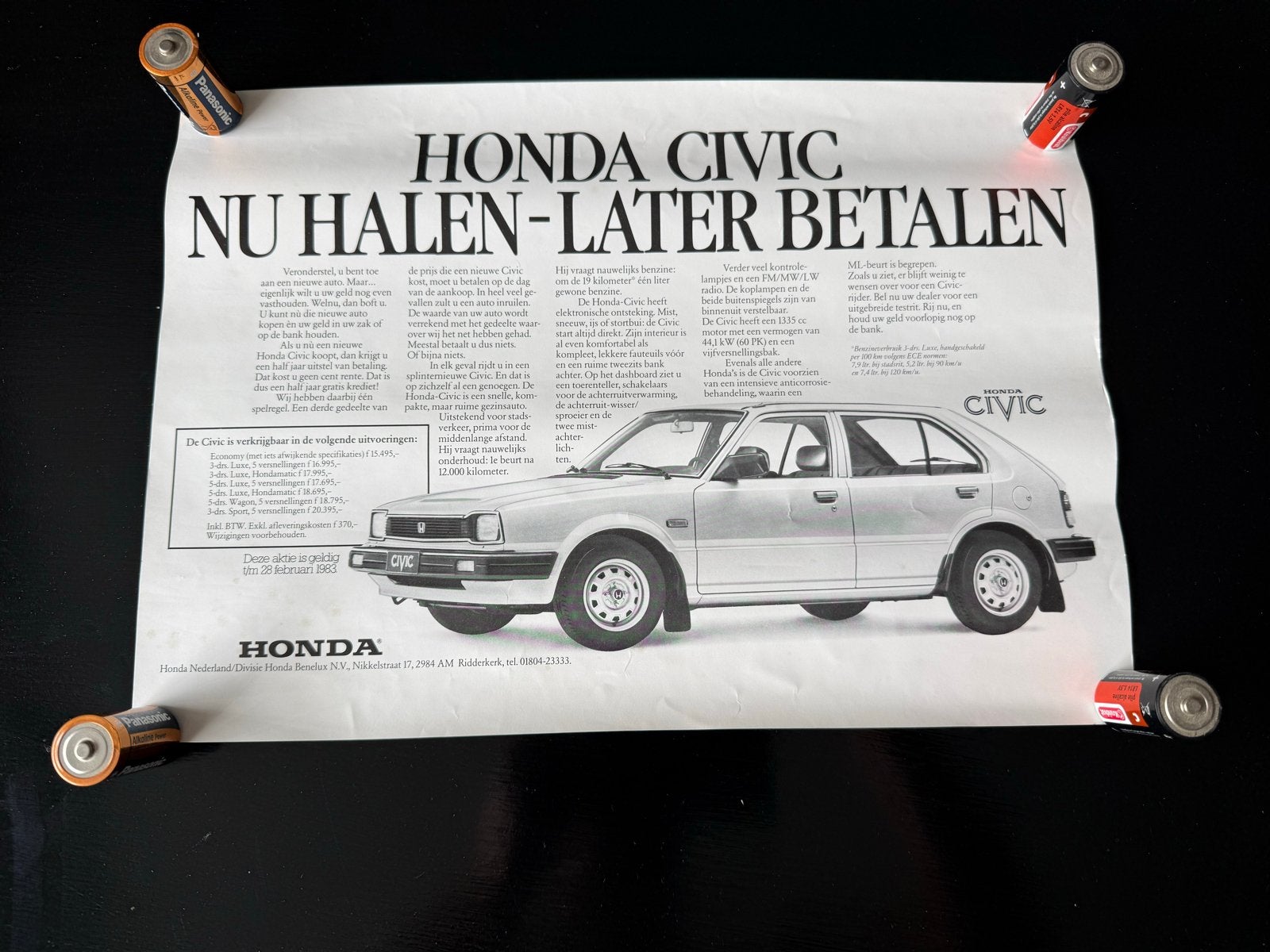 Vintage Honda Civic 1983 reclame poster / print, Ophalen, Gebruikt, Auto's