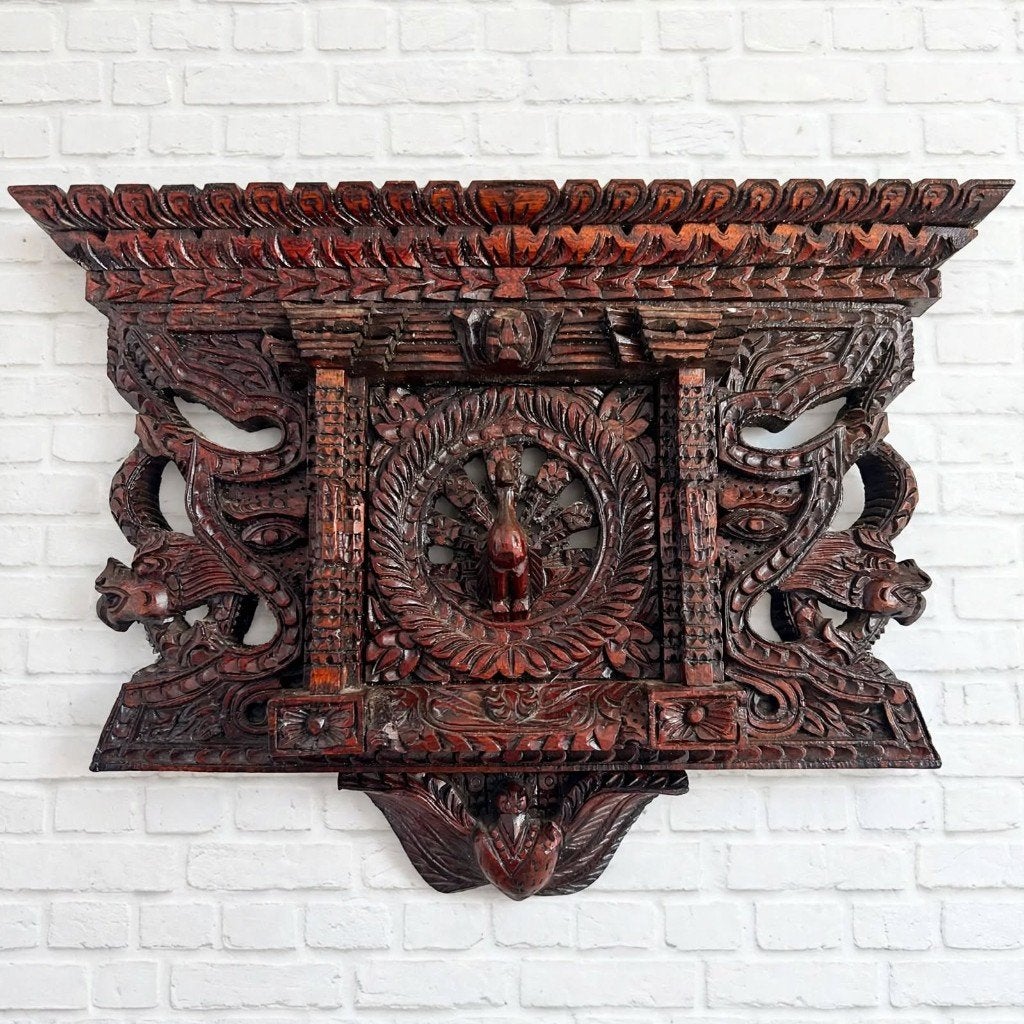 Vintage Nepalese Pauwenraam - Handgesneden 33cm, Ophalen of Verzenden, Handgemaakt, Wanddecoratie, 20 - 50 cm