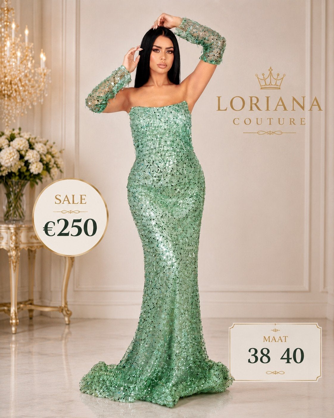 Galajurk Groen Pailletten Maat 38/40, Kleding | Dames, Gelegenheidskleding, Maat 38/40 (M), Loriana Couture, Ophalen of Verzenden