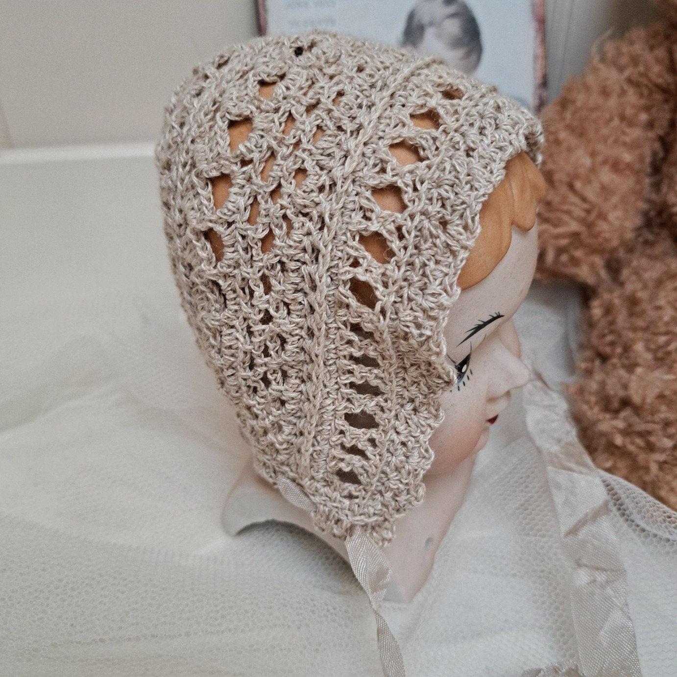 Hand gehaakt Katoen Brocante Poppen muts NIEUW, Ophalen of Verzenden