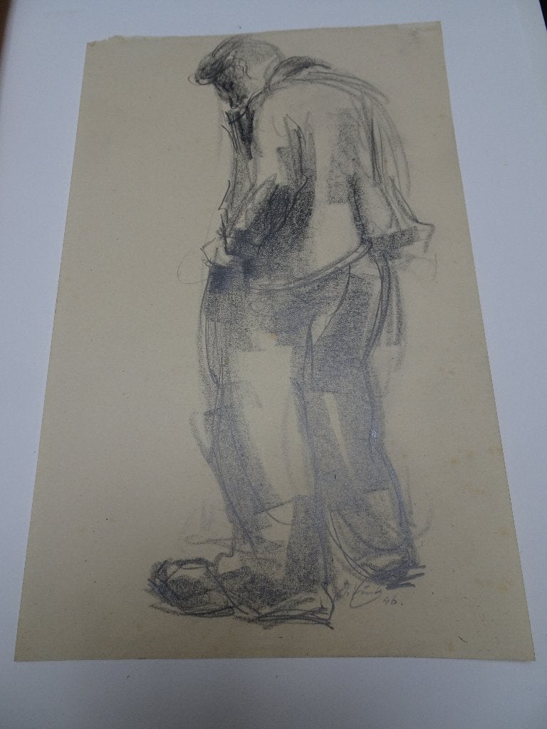 Tekening gebogen man met handen in de zakken, Jan Vink 1946, Antiek en Kunst, Kunst | Tekeningen en Foto's, Ophalen of Verzenden