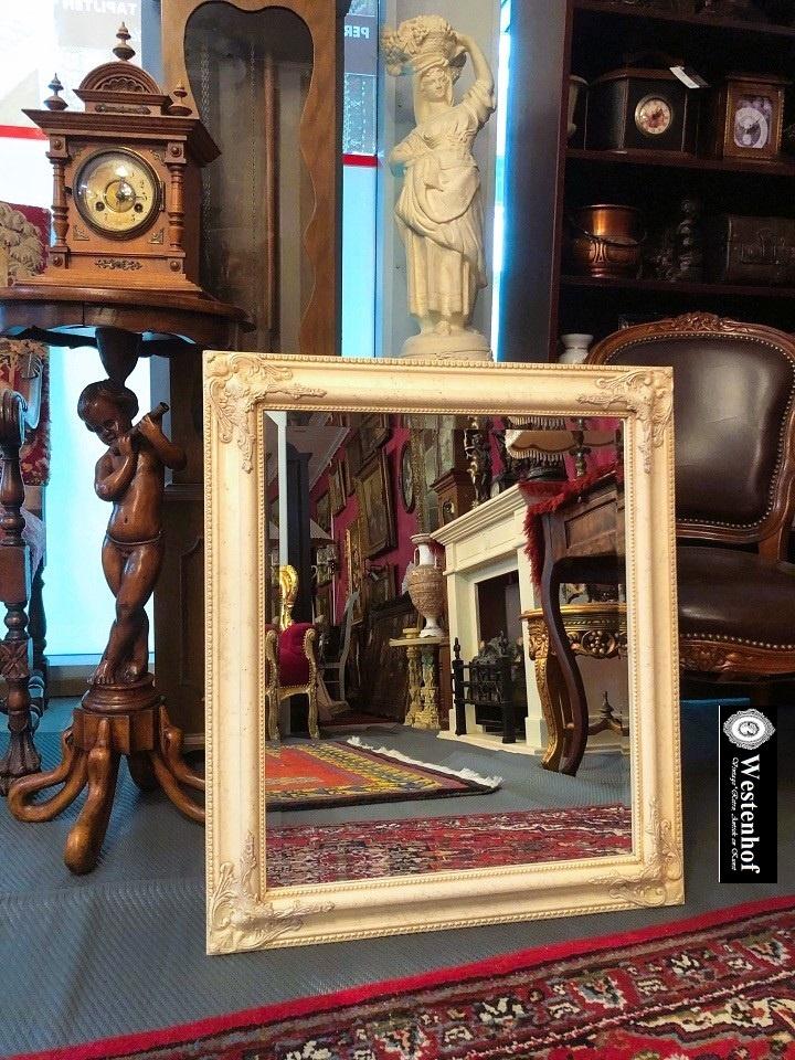 Brocante spiegel klassiek vintage - rechthoek - wit / crème, Gebruikt, Ophalen of Verzenden, Minder dan 100 cm, Rechthoekig
