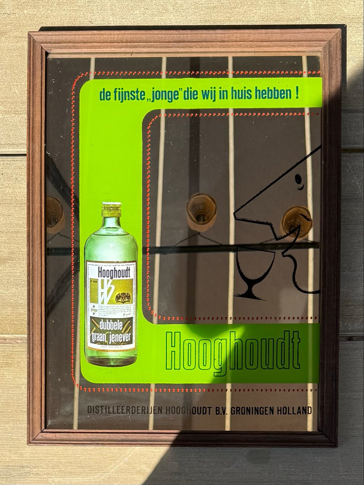 Hooghoudt Jenever Reclamebord / Spiegel - 'De fijnste jonge', Ophalen of Verzenden, Reclamebord