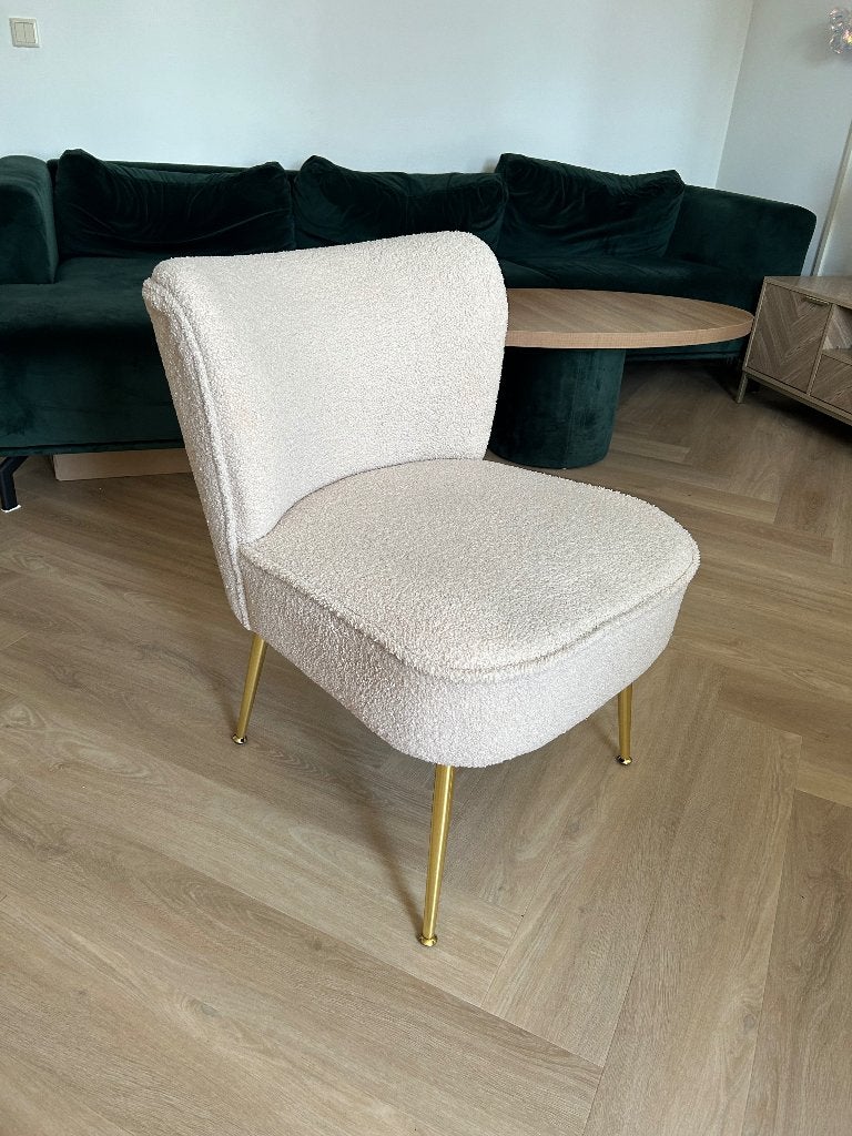 Beige teddy stoel gouden poten, Huis en Inrichting, Stoelen, Ophalen, Nieuw, Overige kleuren, Eén