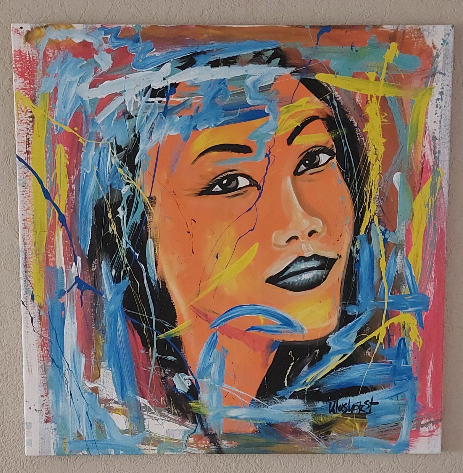 Peter Klashorst - Portret op Afrikaans doek, 100x100 cm, Antiek en Kunst, Ophalen, Textiel, Op houten frame, Abstract