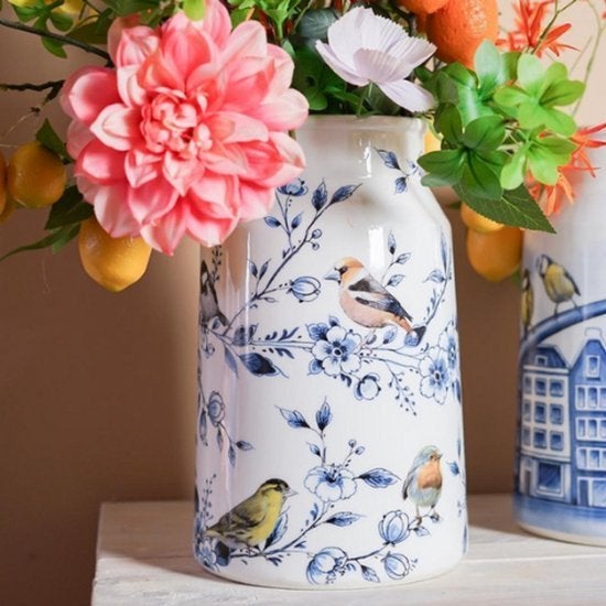 Heinen Delfts Blauw Melkbus vaas Bosvogels - Keramiek 30 cm, Huis en Inrichting, 30 cm, Nieuw, Ophalen of Verzenden, Steen/keramiek