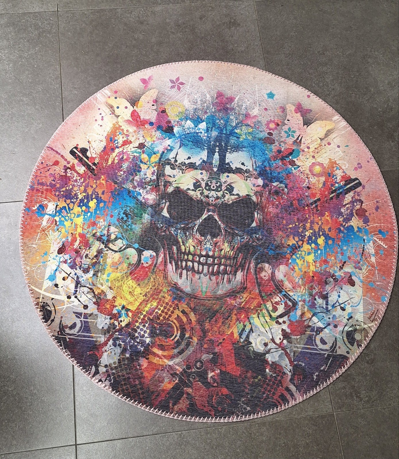 Rond kleed met kleurrijke schedelprint - 100cm doorsnee, 50 tot 100 cm, Rond, Geel, Zo goed als nieuw