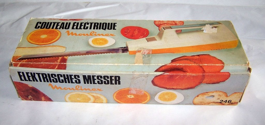 Vintage Moulinex oranje/witte Elektrisch mes. Nieuw in doos., Nieuw, Ophalen of Verzenden, Snijmachine, Overige merken