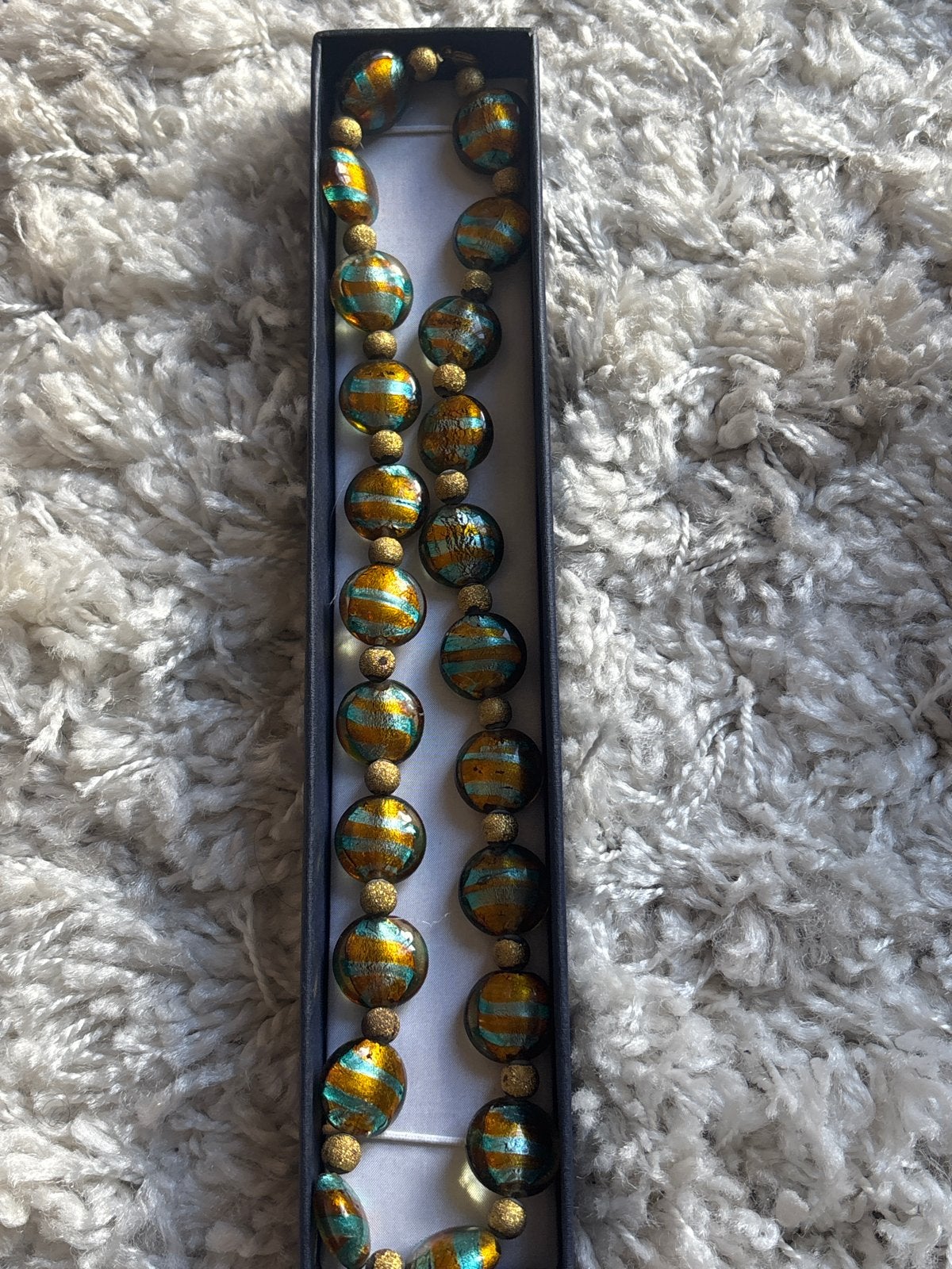 Prachtige vintage Murano glaskralen ketting goud & teal, Ophalen of Verzenden, Zo goed als nieuw, Goud, Overige materialen