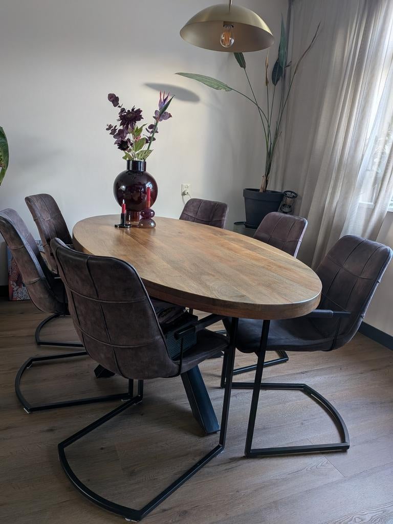 6 leren eetkamerstoelen, Ophalen, Gebruikt, Bruin, Leer
