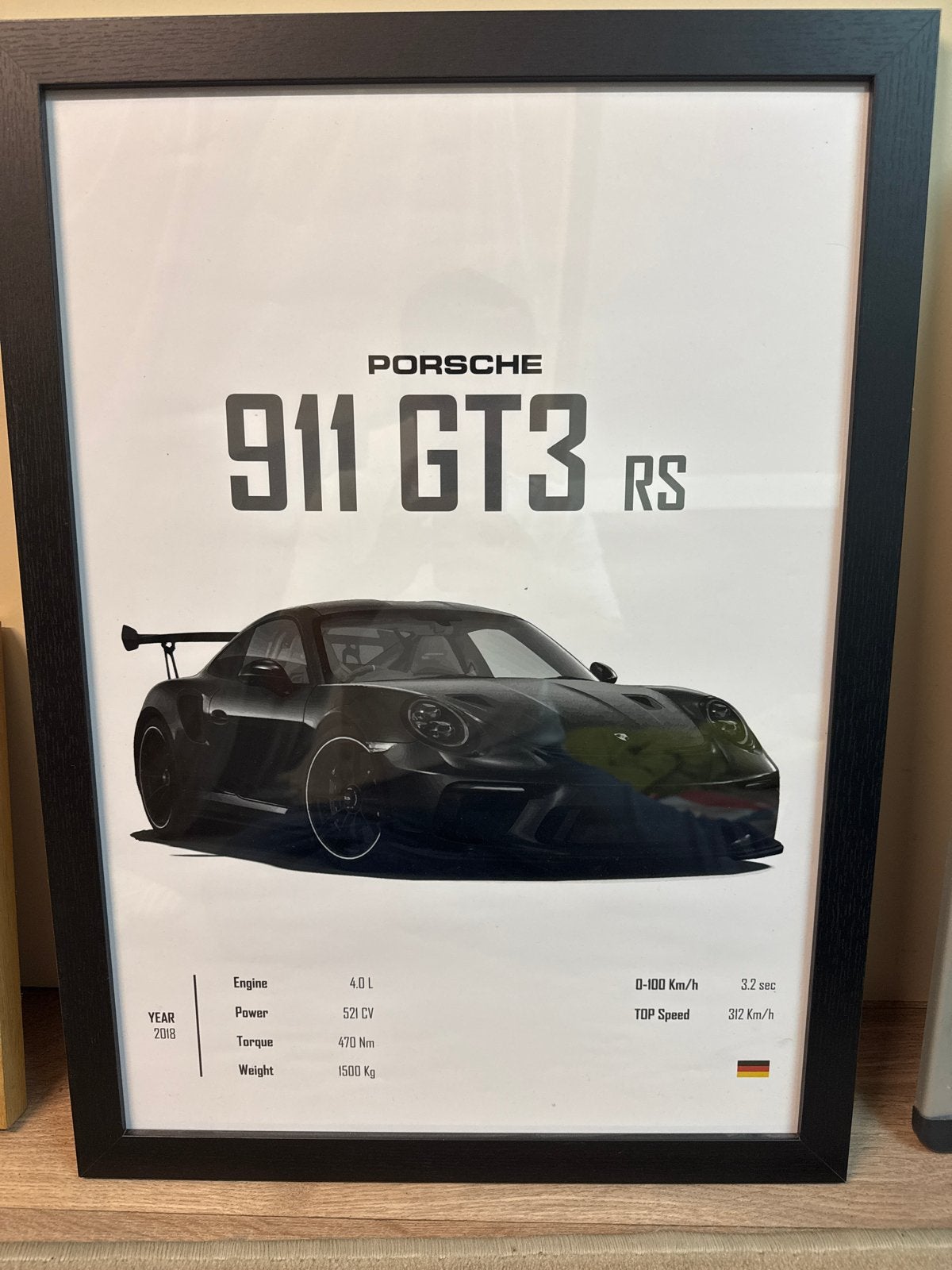 Porsche 911 GT3 RS 2018 Poster met Zwarte Lijst, 50 – 75, Verzenden, Zo goed als nieuw, Foto of Poster
