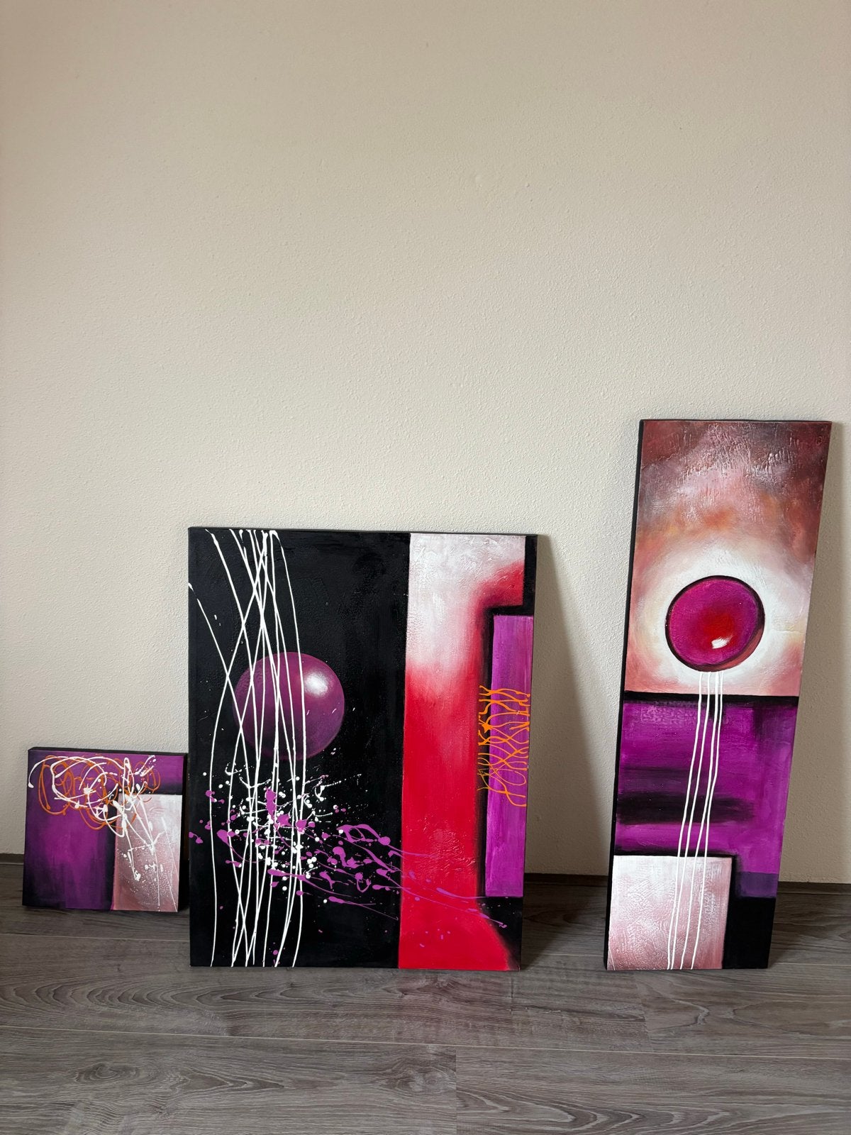 Abstracte schilderijen set - Paars, rood en zwart, Antiek en Kunst, Ophalen