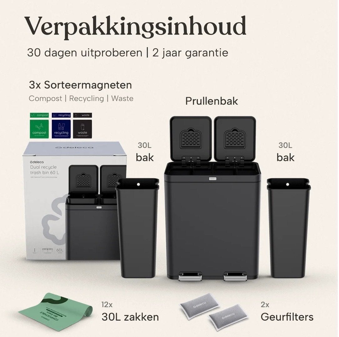 Deleca Dual Recycle Prullenbak 60L - 2x30L, 50 – 75, Met pedaal, Nieuw, 40 liter of meer