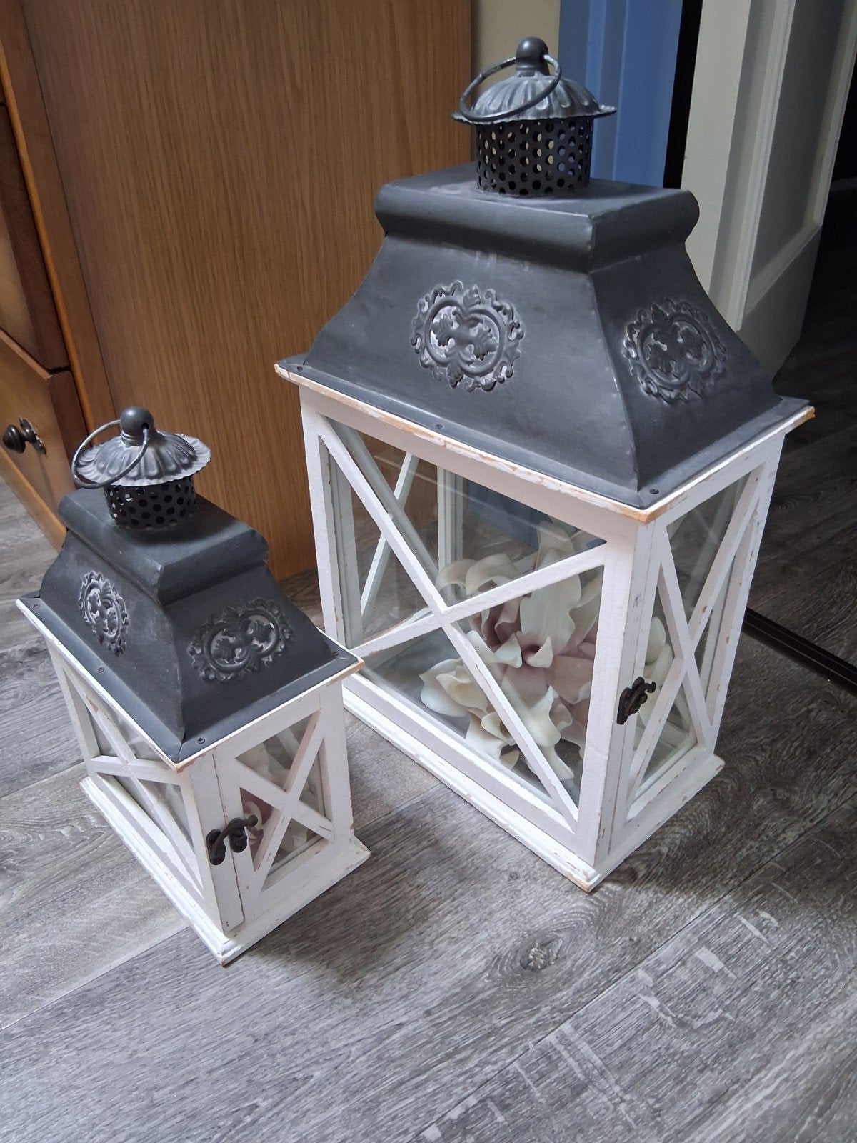 2 super leuke lantaarn / windlicht/accessoires, Ophalen, Gebruikt, Wit, Hout
