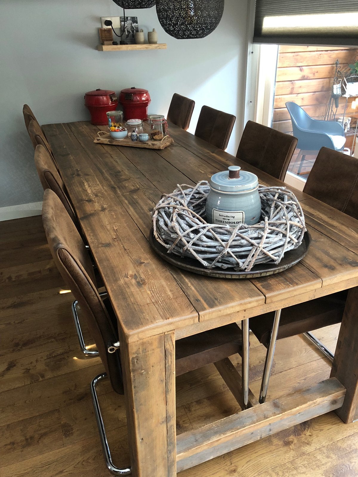 Prachtige houten eettafel met 8 stoelen, Huis en Inrichting, Ophalen, Gebruikt, 200 cm of meer, 50 tot 100 cm