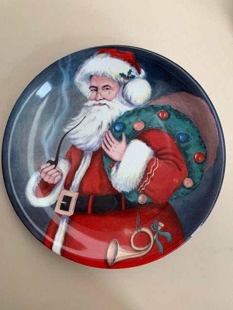 Groot porseleinen bord kerstman met pijp. Bord kerstmis., Antiek en Kunst, Ophalen