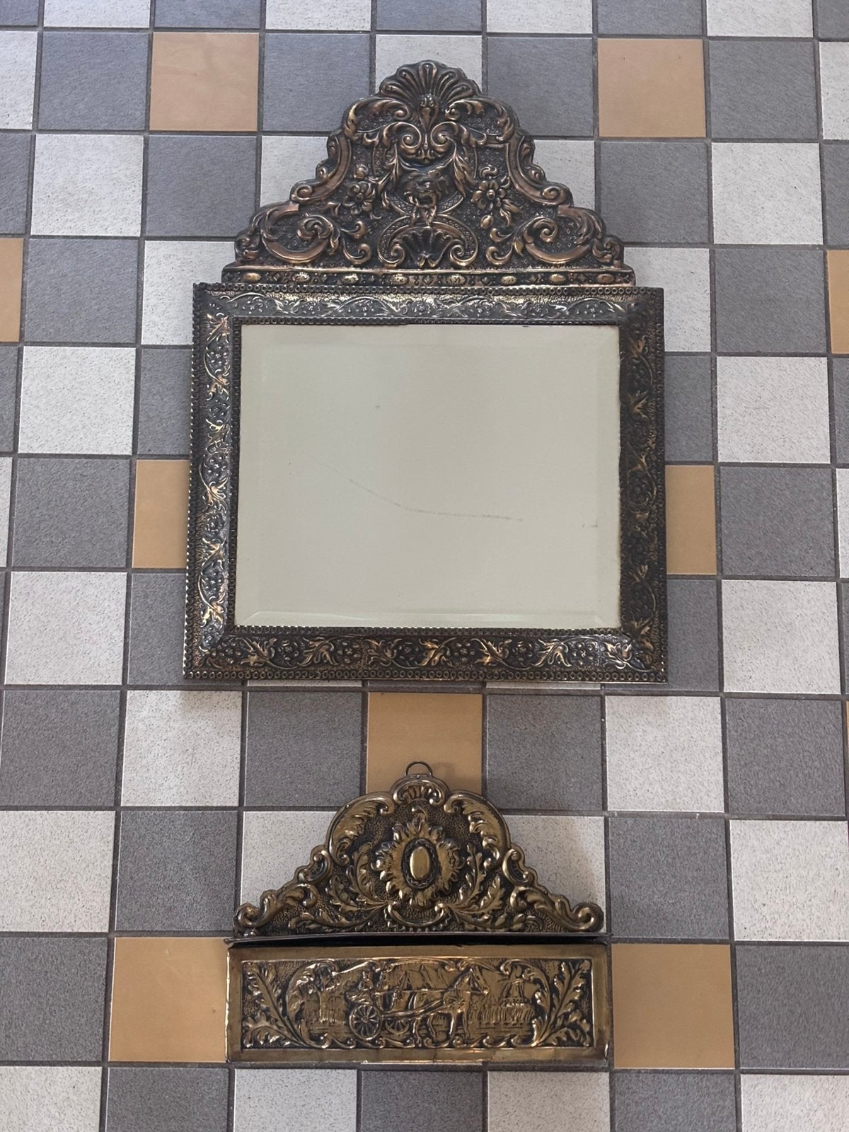 Vintage antieke oude apiegel messing rand bakje opbergen, Ophalen of Verzenden, Rond, Minder dan 50 cm, Minder dan 100 cm
