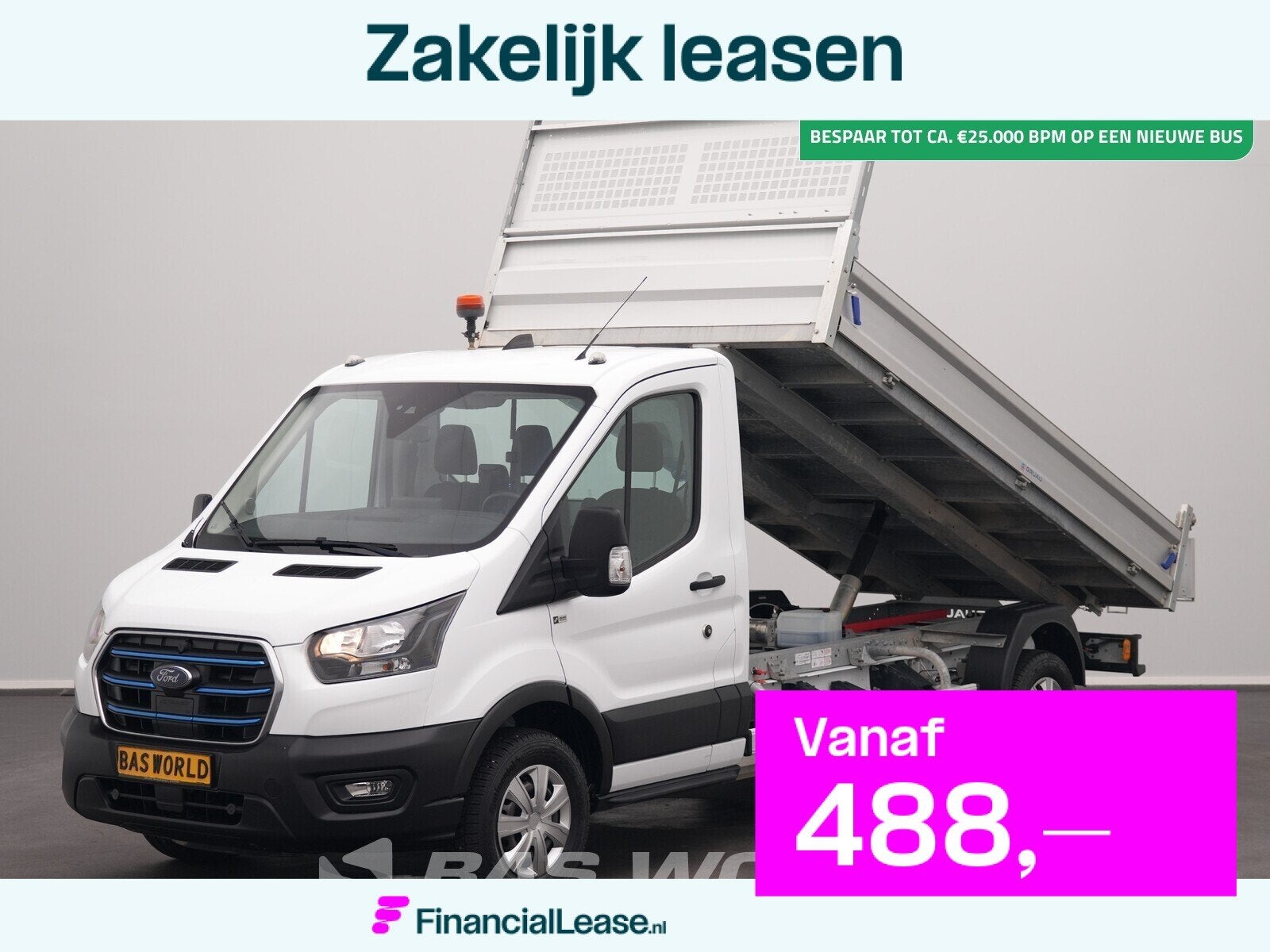 Ford e-Transit 184pk Elektrisch 68kWh 310km WLTP Kipper Airc, Stof, Gebruikt, Wit, 184 pk