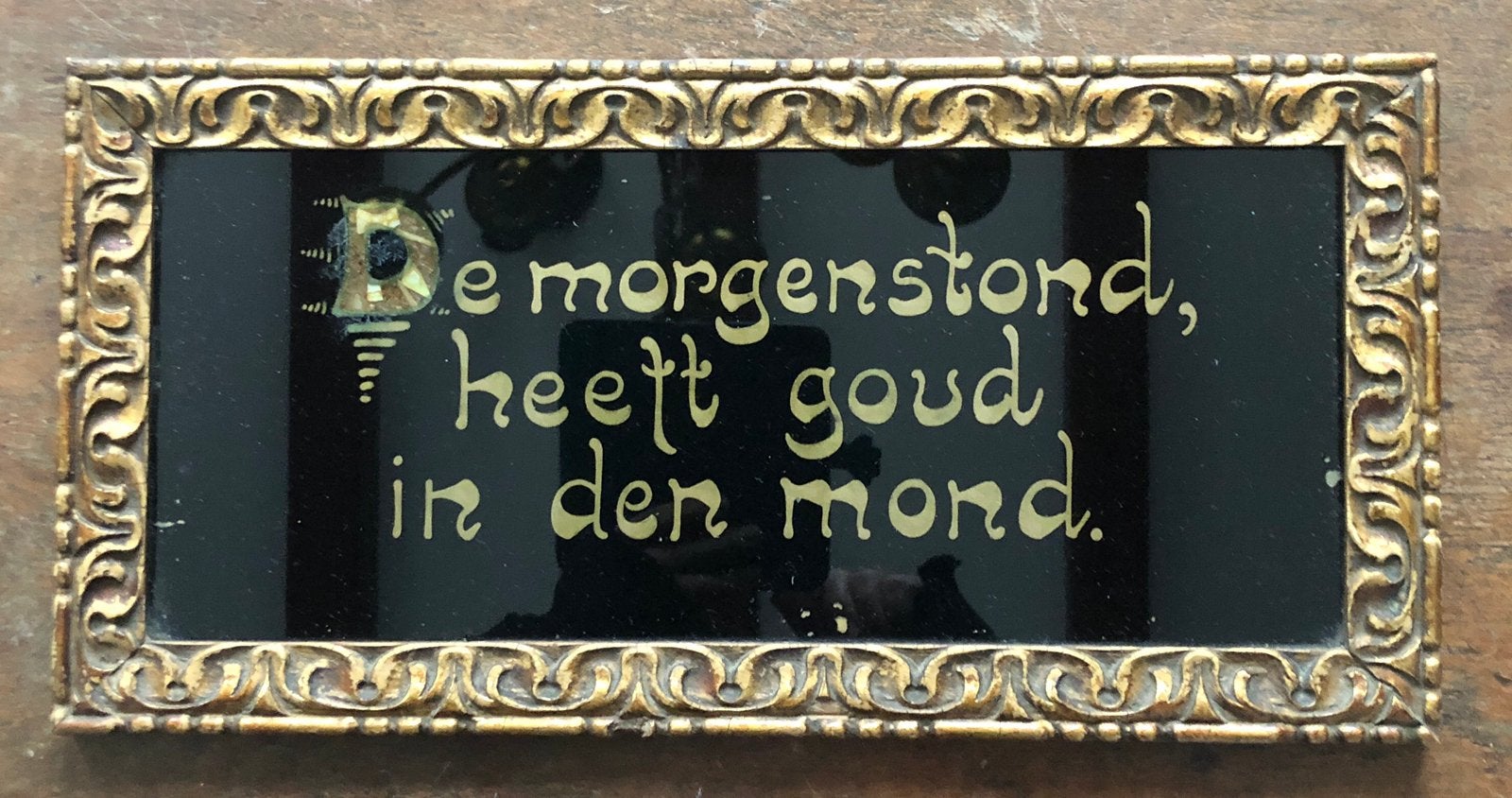 Oude schilderij met een spreuk ingelegd met parelmoer, Ophalen of Verzenden