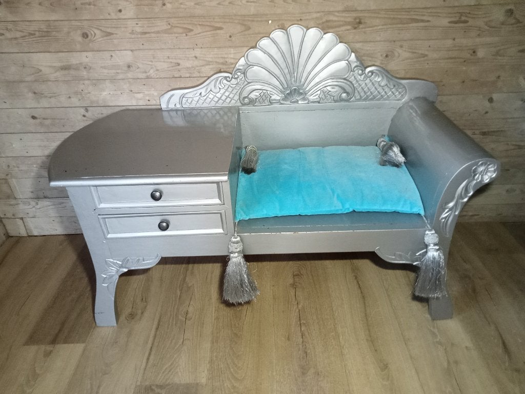 SIERLIJK ZILVER BANKJE MET LADENKASTJE MET TURKOOIS KUSSEN, Ophalen, Gebruikt, Eenpersoons, Minder dan 75 cm