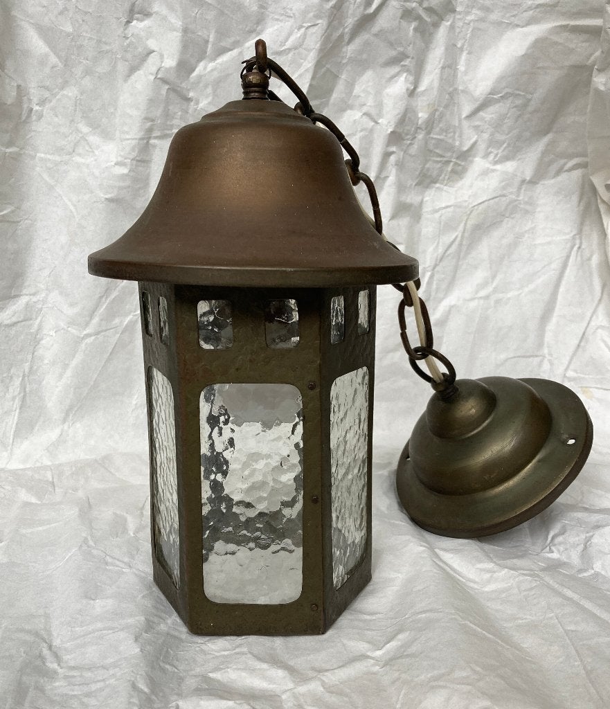 Antieke Koperen Hanglamp Jaren '30 met Bewerkt Glas, Ophalen, Koper