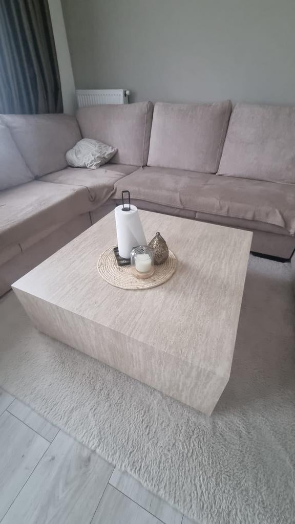 Salontafel Dubai Travertin Blok 90x90, Huis en Inrichting, Tafels | Salontafels, Overige materialen, 50 tot 100 cm, Vierkant, Zo goed als nieuw