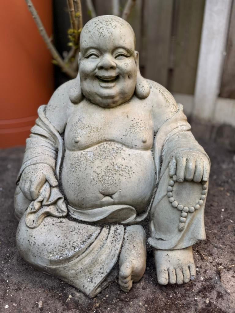 Happy Boeddha tuinbeeld, Tuin en Terras, Tuinbeelden, Ophalen, Gebruikt, Kunststof, Boeddhabeeld