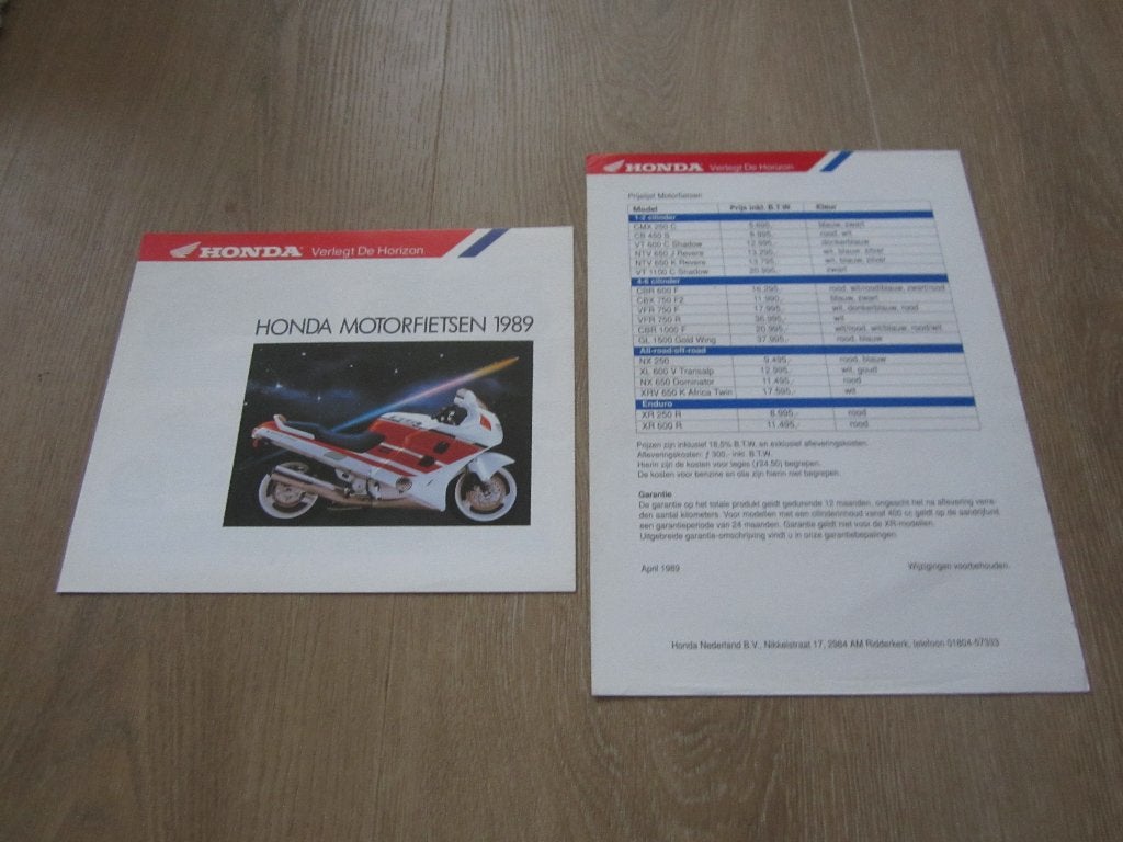 Honda o.a. CBR 1000 / VFR RC30 / XRV brochure folder 1989, Ophalen of Verzenden, Honda