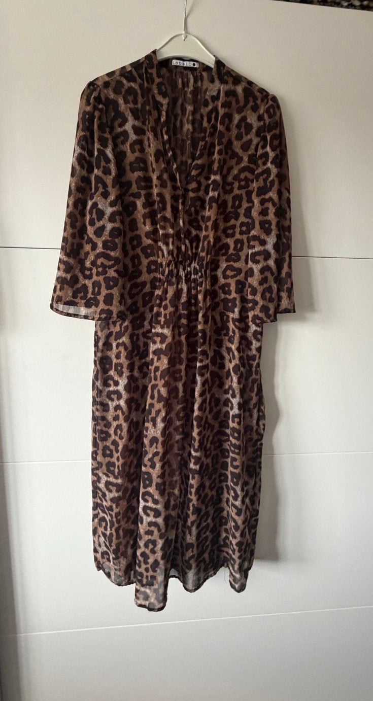 Voile jurk Label Dot tijgerprint met onderjurk - Maat L, Kleding | Dames, Bruin, Maat 42/44 (L), Ophalen of Verzenden, Gedragen